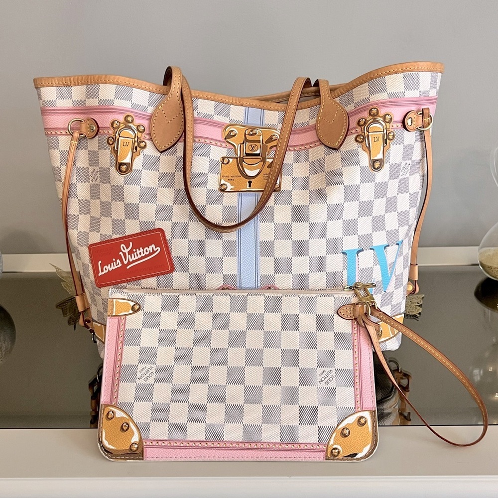 Limited Edition Louis Vuitton Damier Azur Summer Trunks Neverfull MM Tote/Wallet